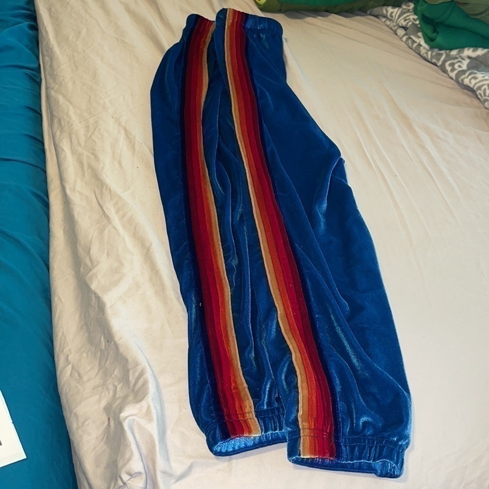 NWT Aviator Nation Women’s Classic Velvet Sweatpants // Blue w/ Rainbow … - Picture 3 of 6